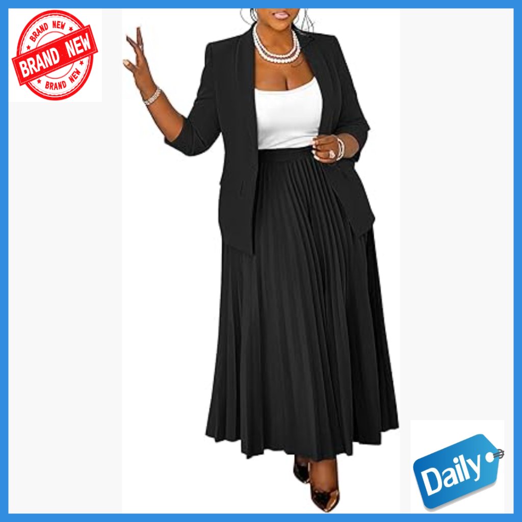 Plus Size 2-Piece Blazer Skirt Set, Open Front Jacket, High Waist Pleated Maxi